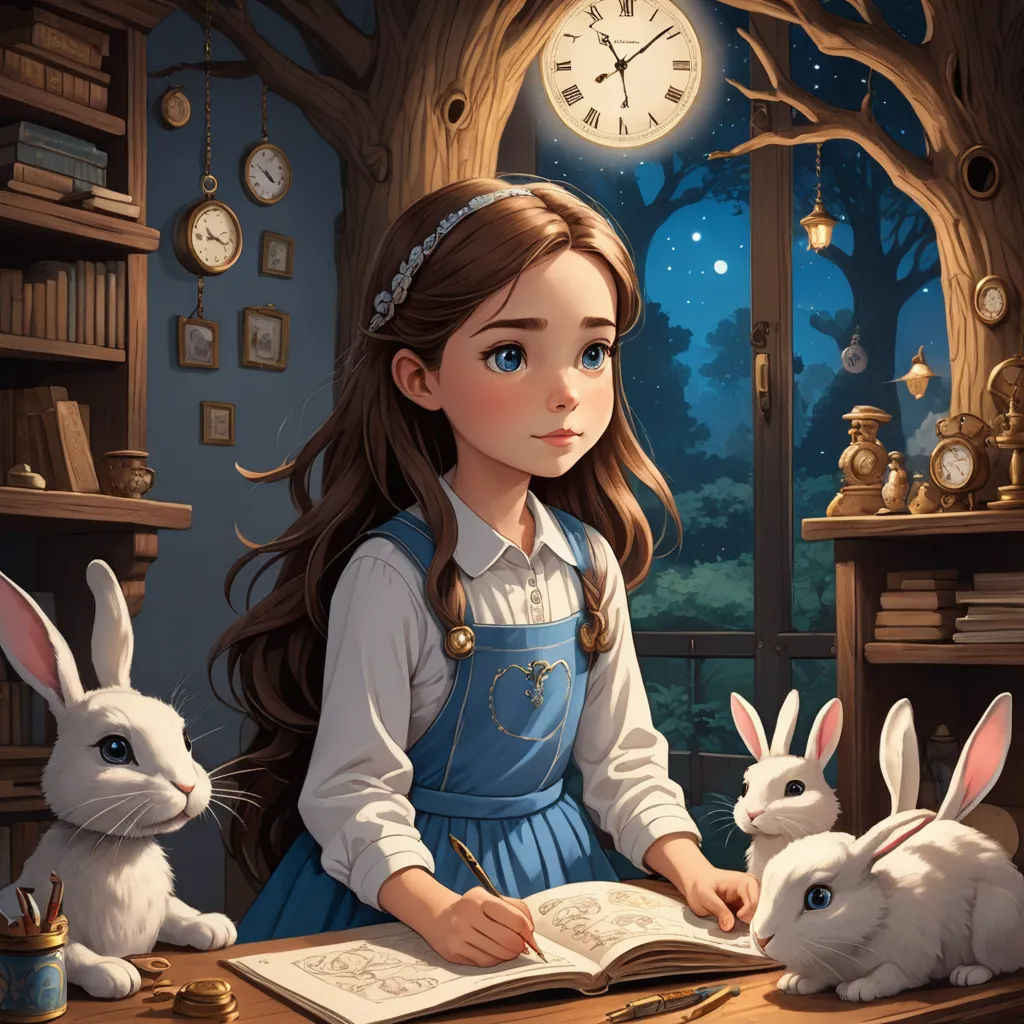 a girl sitting at a desk with two rabbits in front of her and a clock in the background with a forest scene behind her, fantasy art, a storybook illustration, Alice Prin, storybook illustration