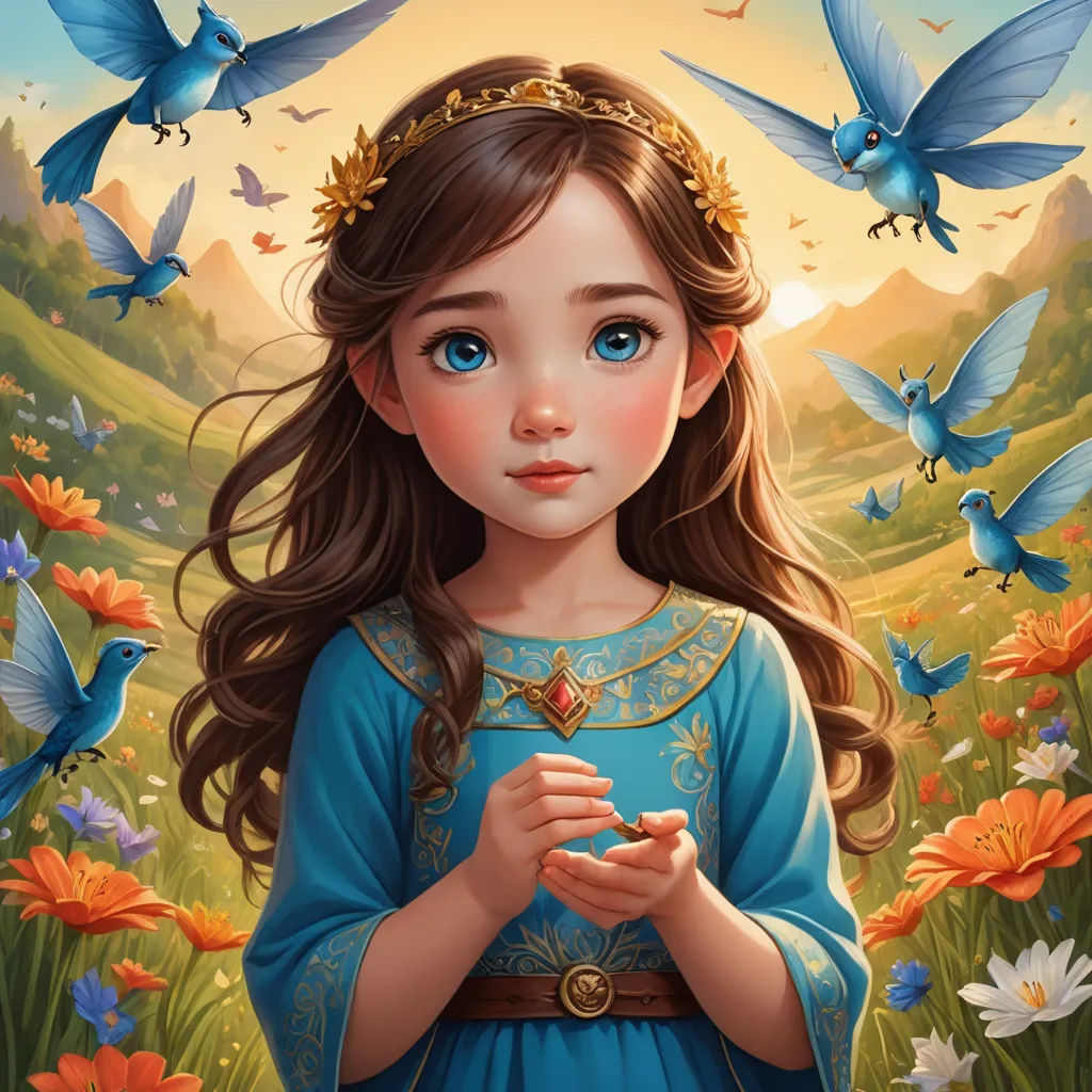 a painting of a girl in a blue dress with birds around her and a mountain in the background with flowers, fantasy art, a storybook illustration, Alice Prin, trending on art station