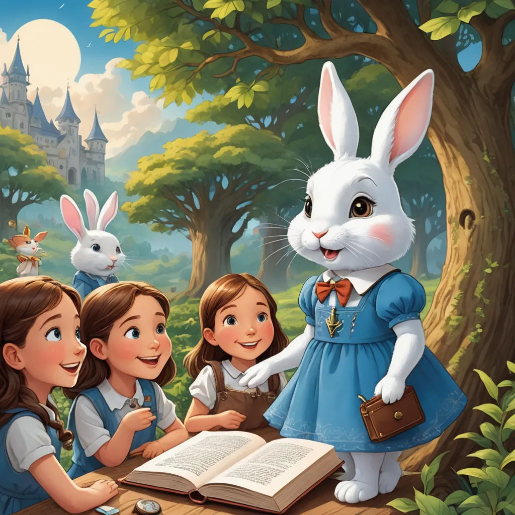 a group of children reading a book to a white rabbit in a forest with other children and a castle in the background, magical realism, a storybook illustration, Alice Prin, storybook illustration