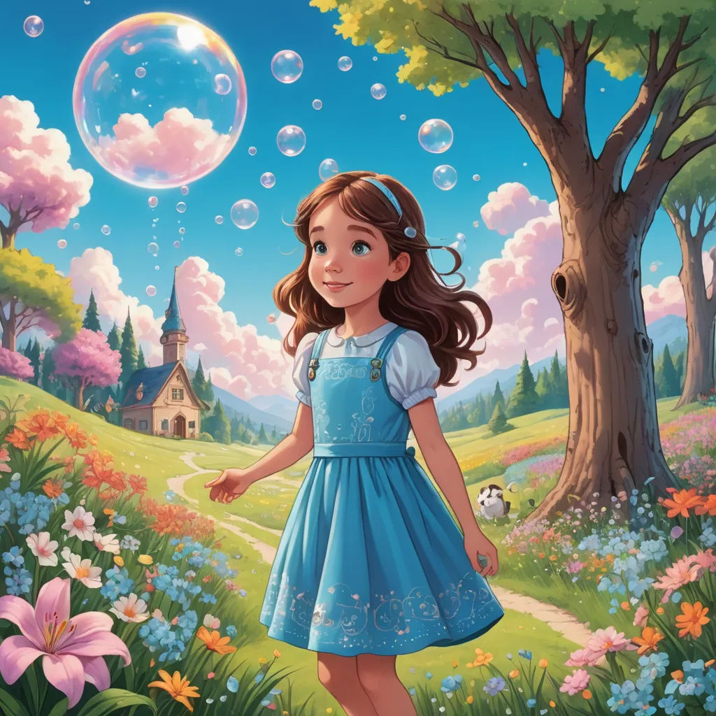 a girl in a blue dress is standing in a field with bubbles in the air and a house in the background, fantasy art, a storybook illustration, Chris LaBrooy, kinkade