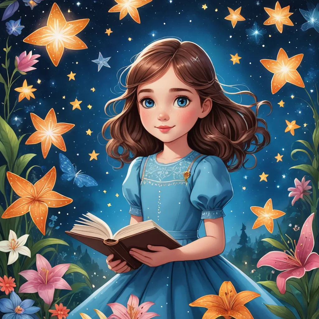 a girl in a blue dress holding a book in her hands and looking at the stars above her head, fantasy art, a storybook illustration, Anna Dittmann, storybook illustration