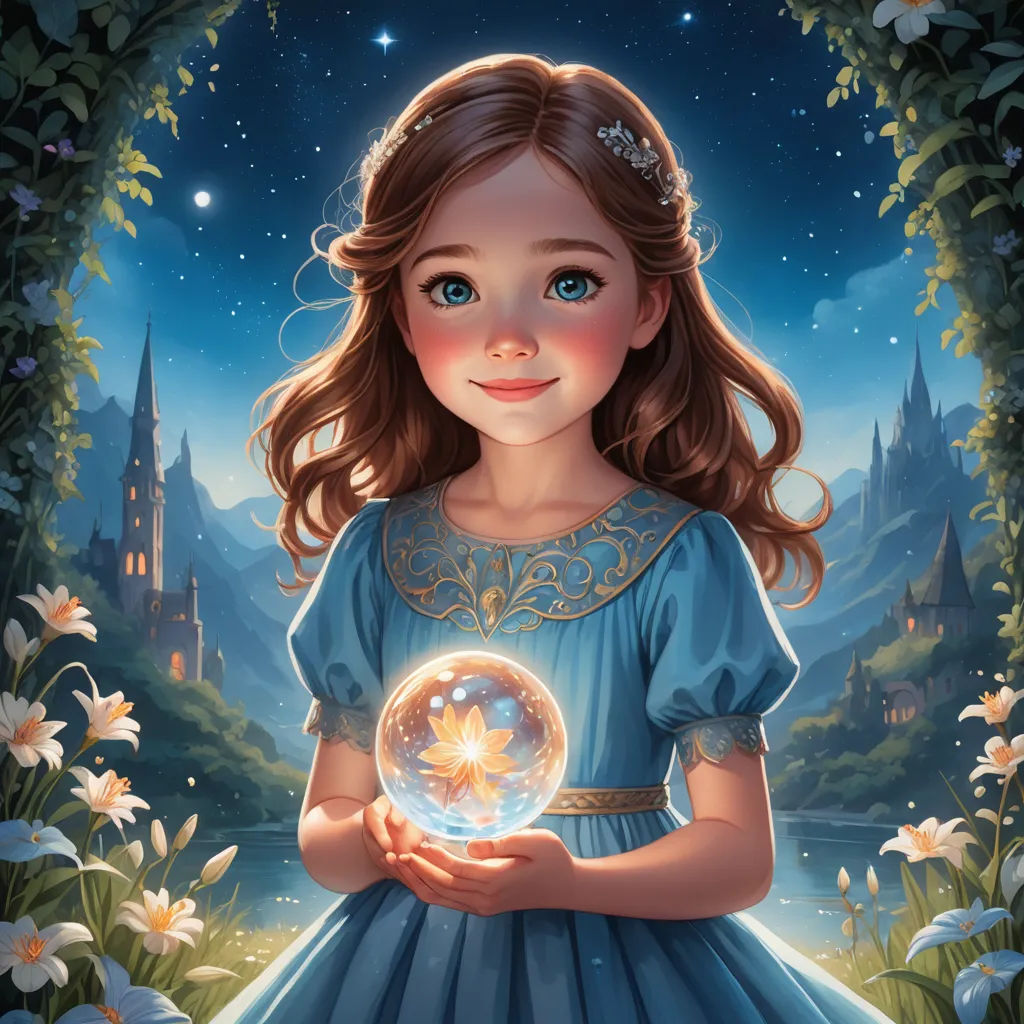 a little girl holding a crystal ball in her hands in front of a castle and flowers at night time, fantasy art, a storybook illustration, Alice Prin, kinkade