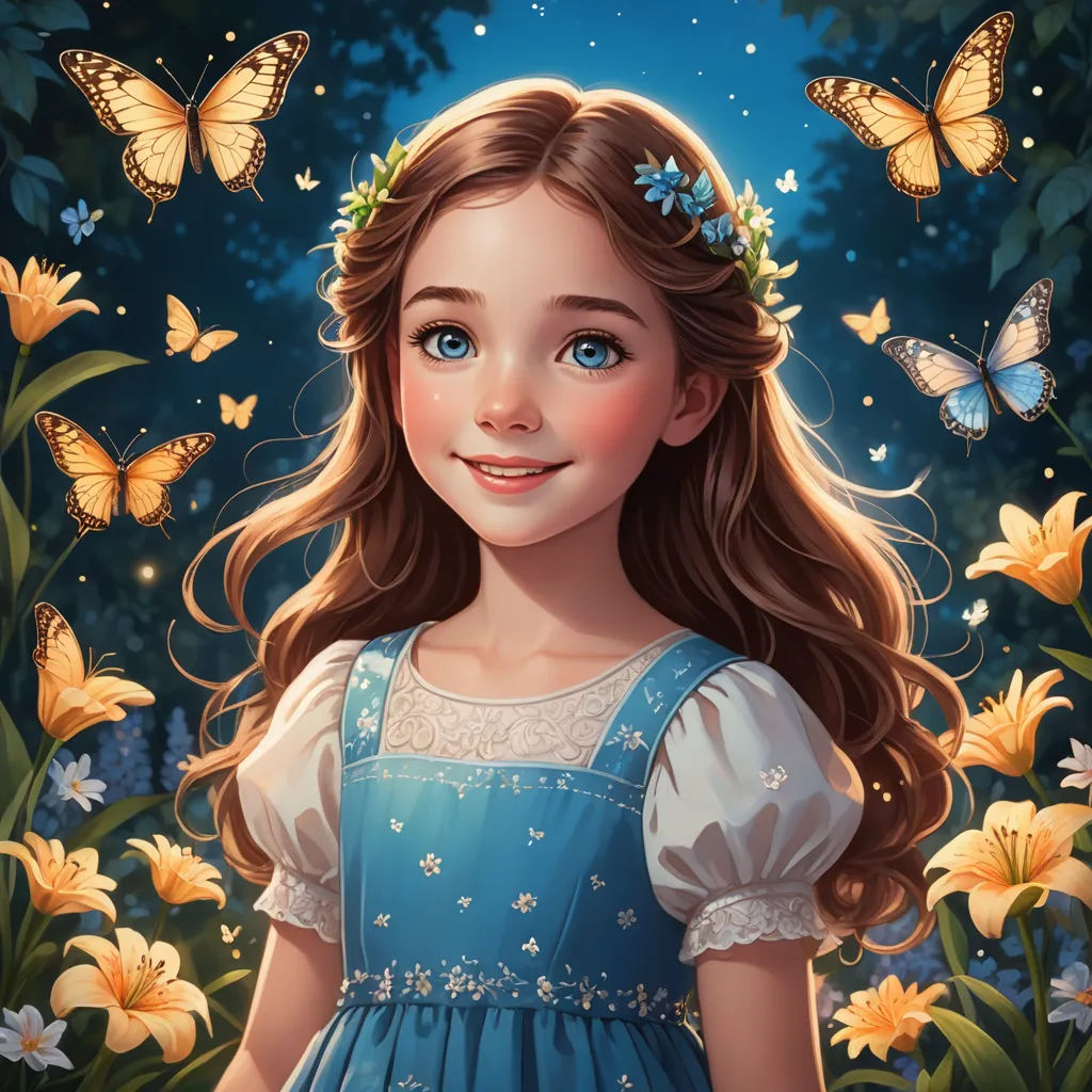 a girl in a blue dress standing in a field of flowers with butterflies around her head and a butterfly in her hair, fantasy art, an ultrafine detailed painting, Alice Prin, rossdraws global illumination