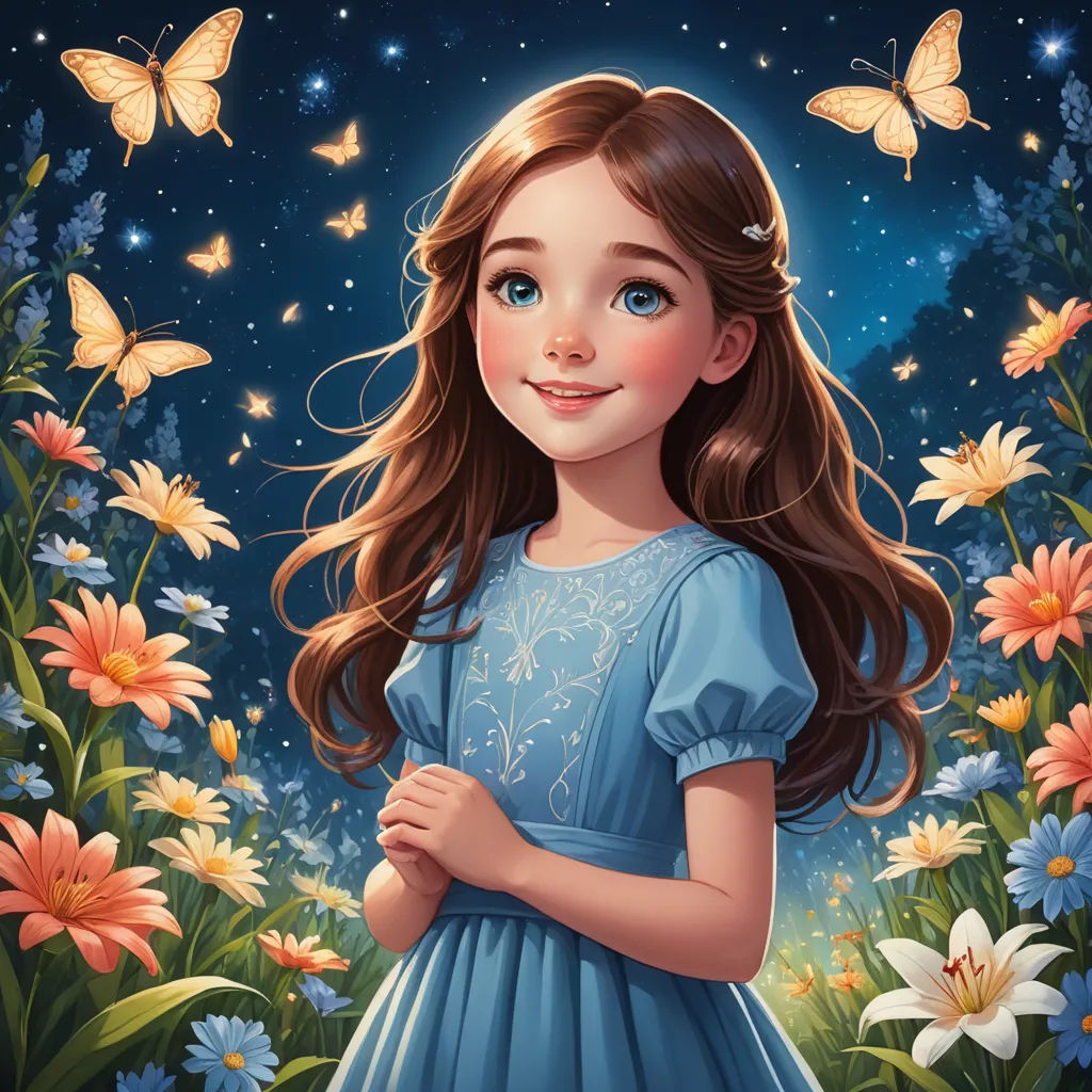 a painting of a girl in a blue dress standing in a field of flowers with butterflies flying overhead and a night sky with stars, fantasy art, a storybook illustration, Alice Prin, trending on art station