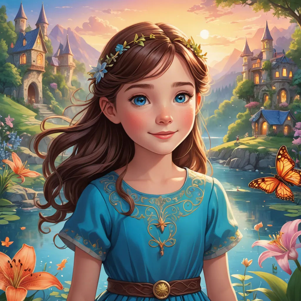 a girl in a blue dress standing in front of a lake with butterflies and flowers around her head and a castle in the background, fantasy art, a storybook illustration, Anne Stokes, kinkade
