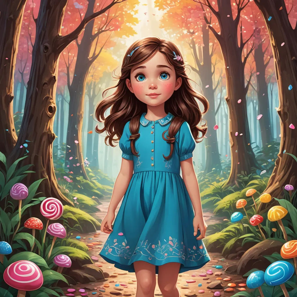 a painting of a girl in a blue dress walking through a forest with candy candies on the ground, pop surrealism, a storybook illustration, Anne Stokes, kinkade