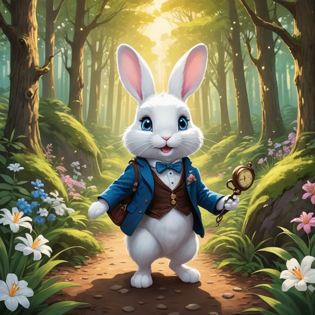 a white rabbit in a blue jacket and bow tie holding a pocket watch in a forest with flowers and trees, altermodern, a character portrait, Chris LaBrooy, magic the gathering artwork