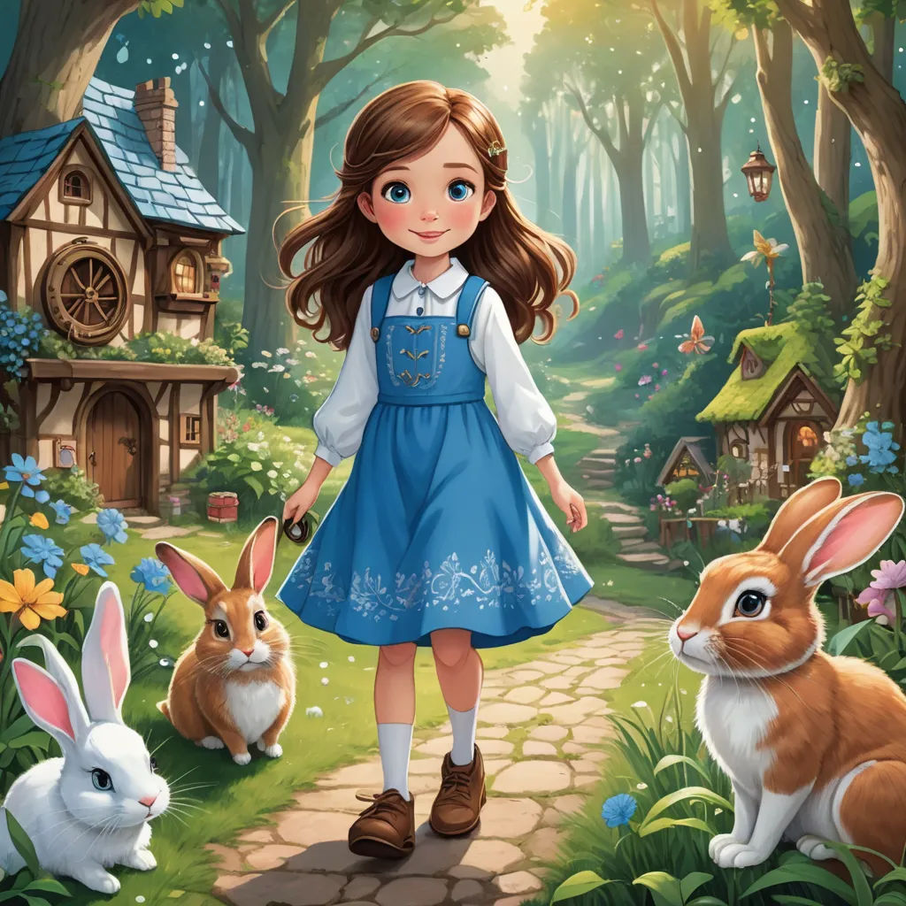 a girl in a blue dress standing next to rabbits in a forest with a house and trees in the background, fantasy art, a storybook illustration, Alice Prin, storybook illustration