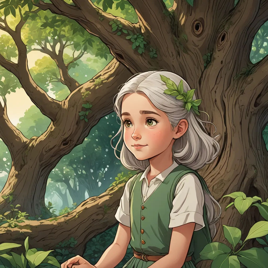 a girl sitting on a tree branch in a forest with a green dress and a green bow in her hair, fantasy art, a storybook illustration, Cliff Childs, storybook illustration