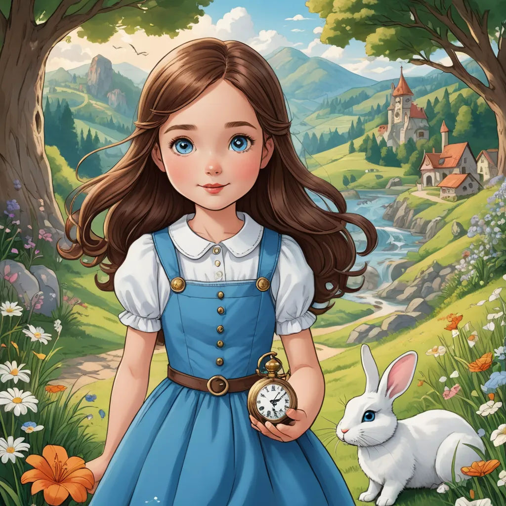 a girl in a blue dress holding a clock in a field with a rabbit nearby and a castle in the background, fantasy art, a storybook illustration, Alice Prin, highly detailed digital painting