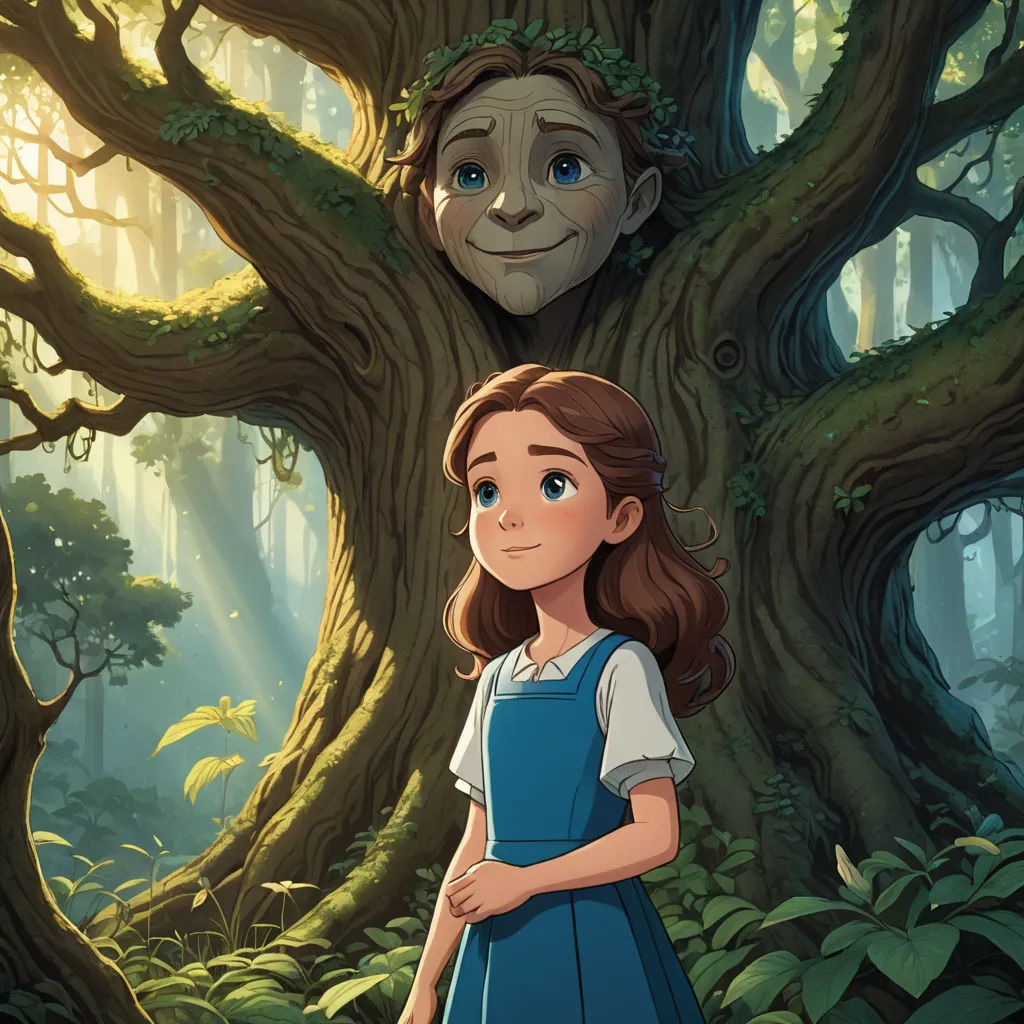 a girl standing in front of a tree with a creepy face on it's head and a forest behind her, fantasy art, a storybook illustration, Clarice Beckett, storybook illustration