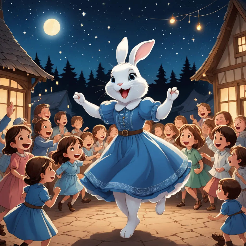 a cartoon bunny dancing in front of a crowd of children in a village at night with a full moon, furry art, a storybook illustration, Beatrix Potter, storybook illustration