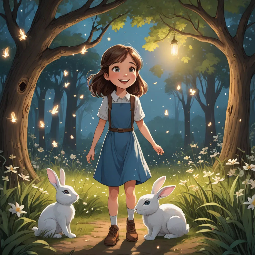 a girl in a blue dress standing next to two rabbits in a forest with a light bulb above her head, magical realism, a storybook illustration, Clarice Beckett, rossdraws global illumination