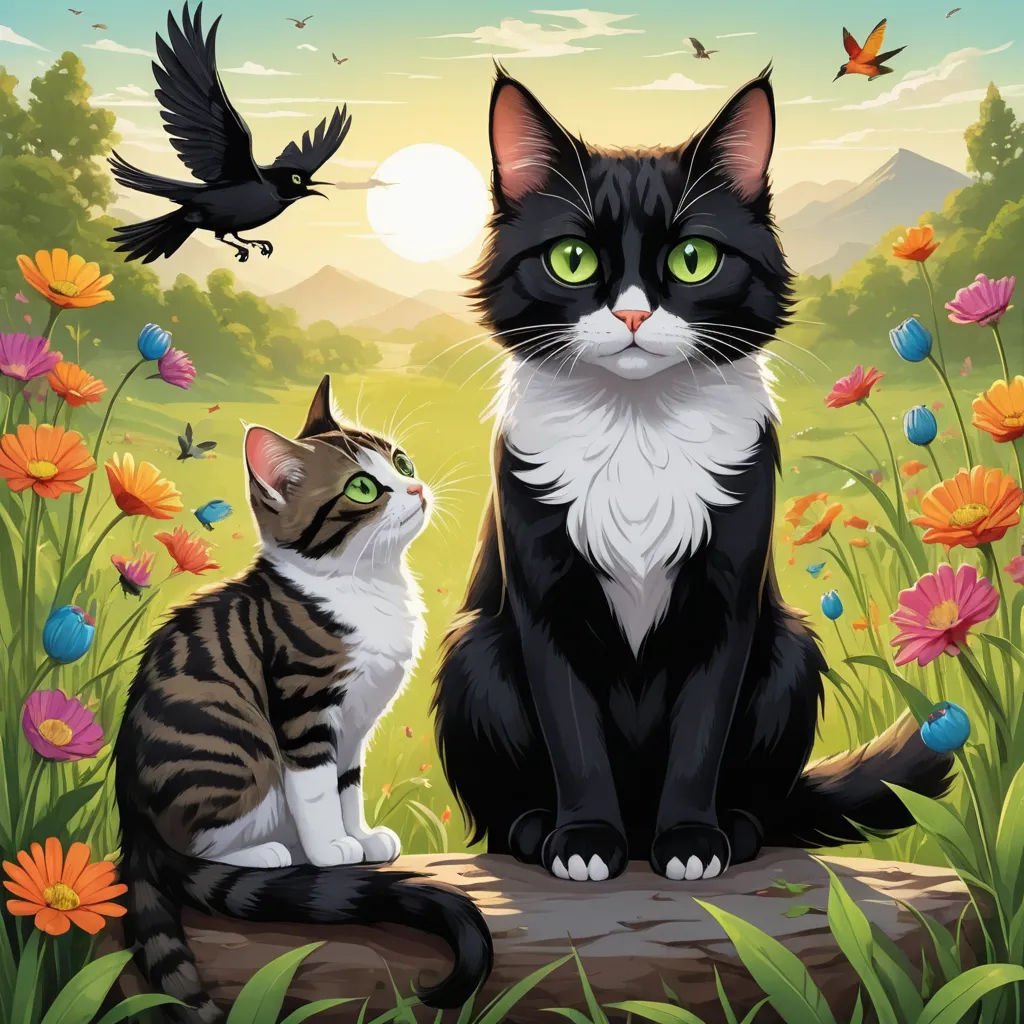 a cat and a cat sitting on a log in a field of flowers and a bird flying above it, sots art, a storybook illustration, Anne Said, official art