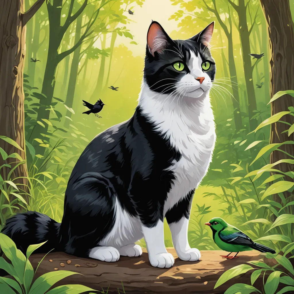 a cat sitting on a log in a forest with a bird nearby on a sunny day with green eyes, serial art, a storybook illustration, Felix Octavius Carr Darley, official art