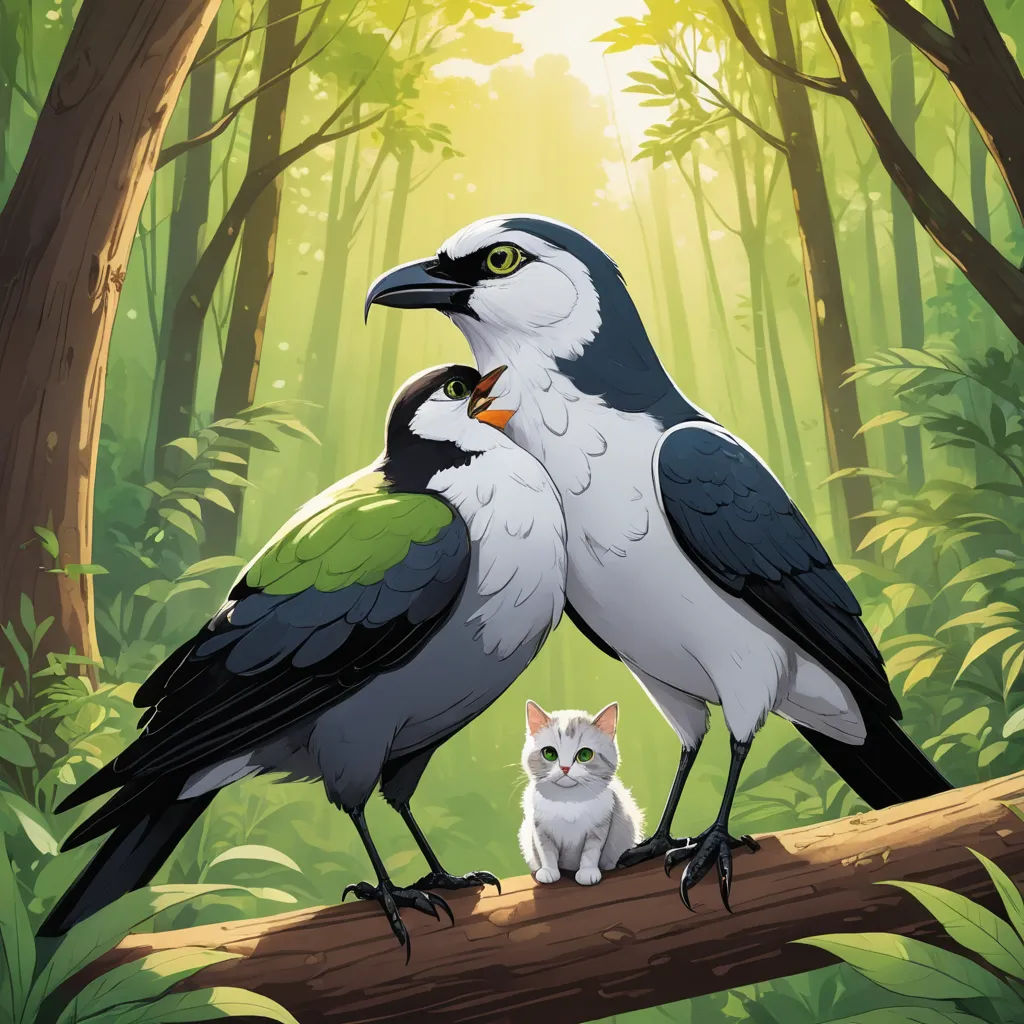 a cat and a bird are sitting on a branch in the woods together, with a forest background behind them, sots art, a storybook illustration, Chris LaBrooy, official art