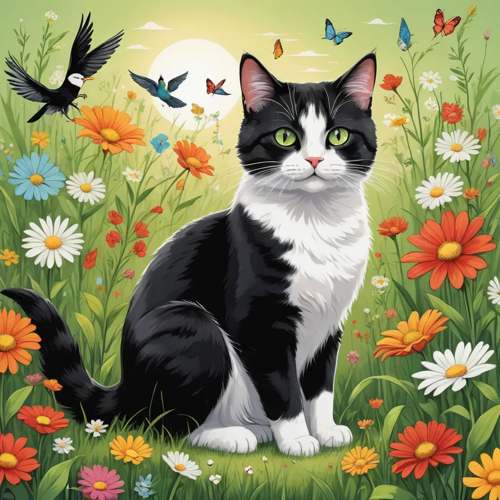 a black and white cat sitting in a field of flowers and daisies with a bird flying above it, naive art, a storybook illustration, Annabel Kidston, official art