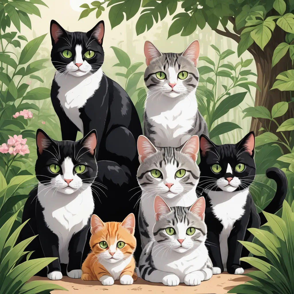 a group of cats sitting in the middle of a forest with flowers and trees in the background, all looking at the camera, serial art, an album cover, Brothers Hildebrandt, official art