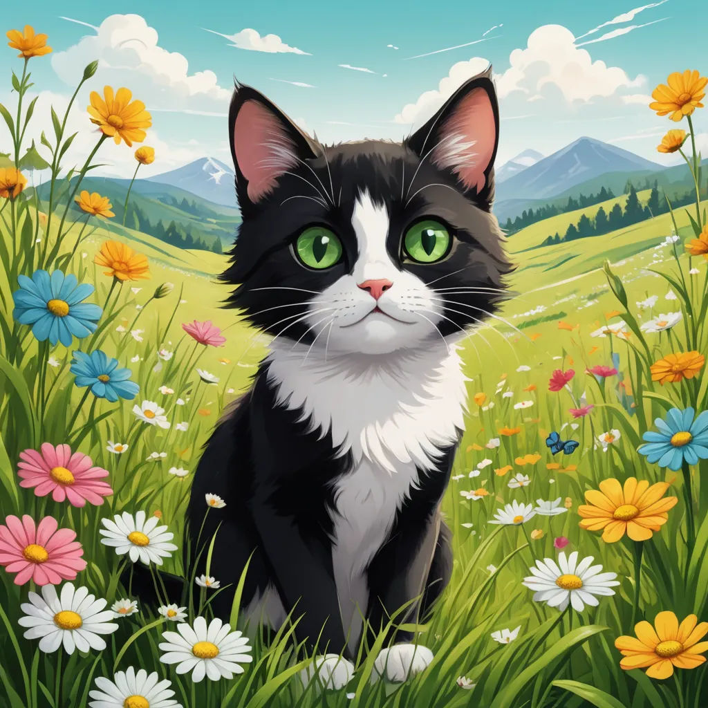 a black and white cat sitting in a field of flowers with mountains in the background and clouds in the sky, sots art, a character portrait, David Brewster, game art