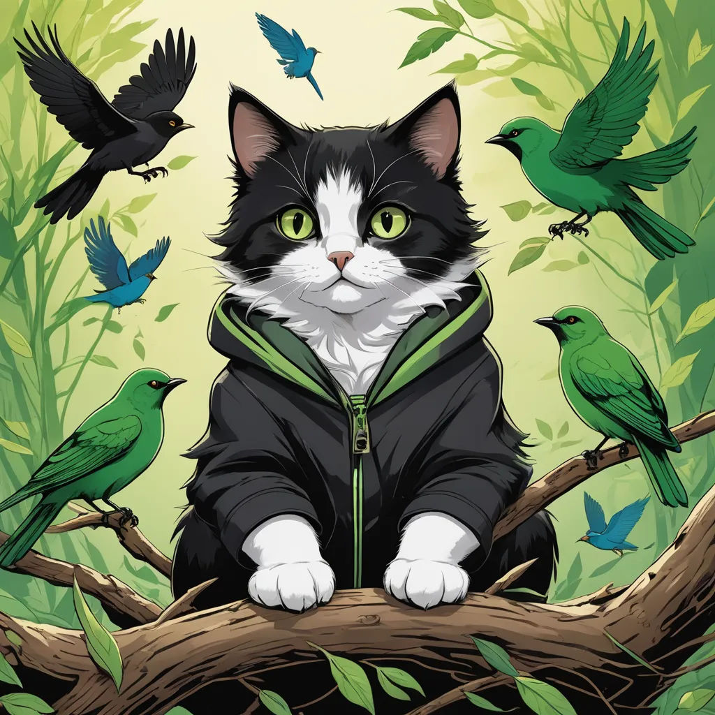a cat sitting on a branch with birds around it and a green background with a bird on the branch, furry art, an album cover, Dan Mumford, comic cover art
