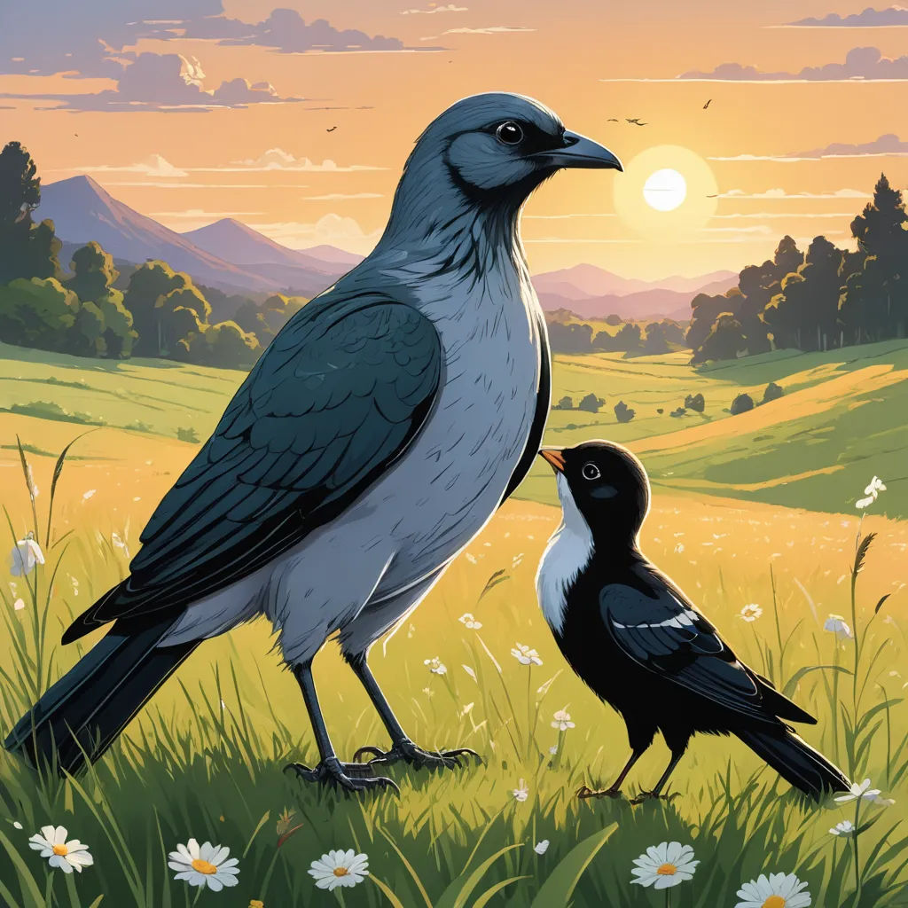 a painting of two birds standing on a field of grass and daisies at sunset with a mountain in the background, serial art, a storybook illustration, Charles Bird King, storybook illustration