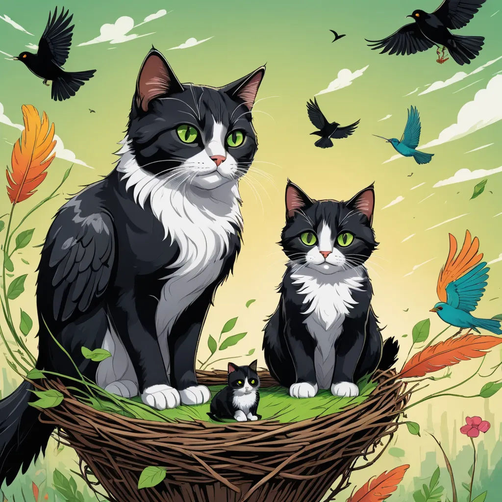 a couple of cats sitting on top of a nest with birds flying around them and a bird flying above, furry art, a storybook illustration, Dan Mumford, highly detailed digital art