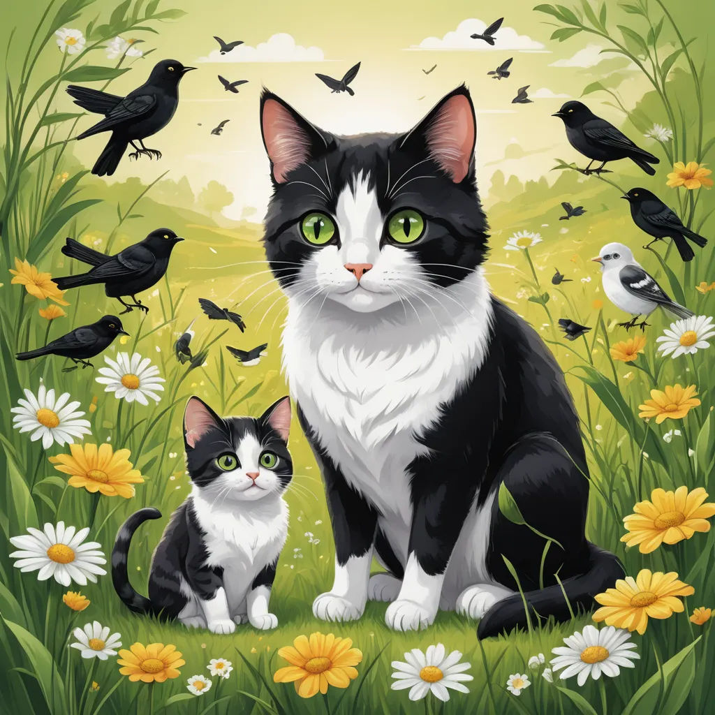 a cat and a kitten are sitting in a field of flowers and birds, with a bird in the background, naive art, a storybook illustration, Anne Said, highly detailed digital painting