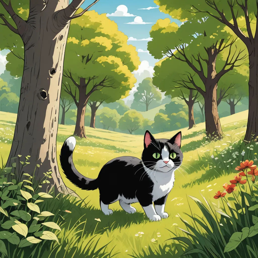 a black and white cat standing in a forest next to a tree and flowers on a sunny day with a blue sky, serial art, a storybook illustration, David Brewster, official art