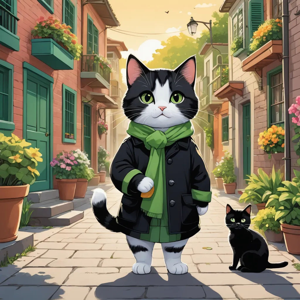 a cat in a green scarf standing next to a black cat on a cobblestone street in a city, sots art, a storybook illustration, Florence Engelbach, key art