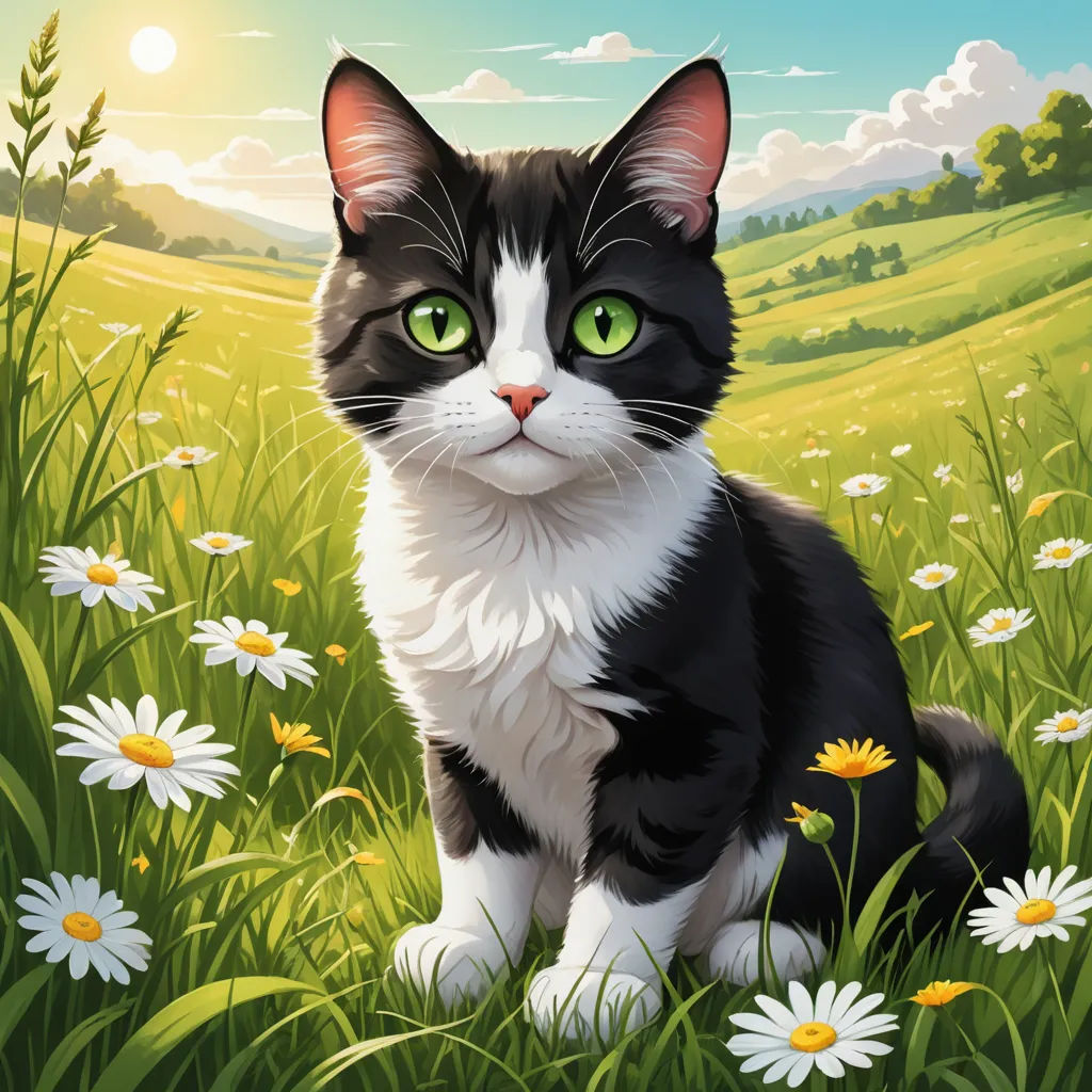 a black and white cat sitting in a field of daisies and daisies with a green eyed cat, furry art, a storybook illustration, Carlos Catasse, professional digital painting