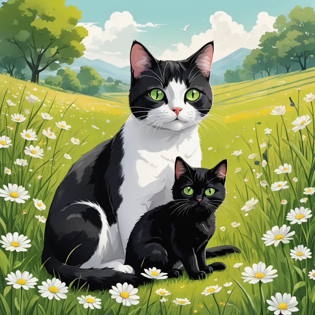 a cat and a kitten sitting in a field of daisies and daisies with a sky background and clouds, naive art, a storybook illustration, Anne Said, key art