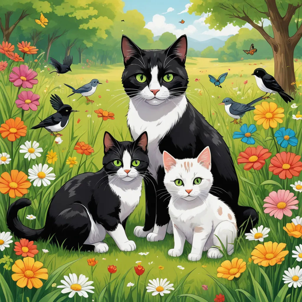 a painting of two cats and a bird in a field of flowers and daisies with a bird in the background, naive art, a storybook illustration, Anne Said, official art