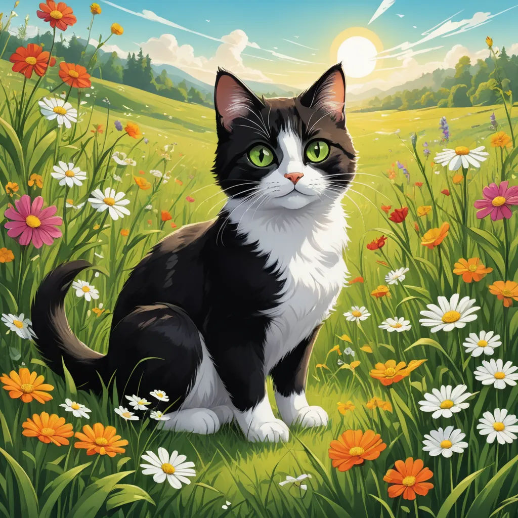 a cat sitting in a field of flowers with a sky background and sun in the background, with a person in the distance, sots art, a storybook illustration, Anne Said, official art