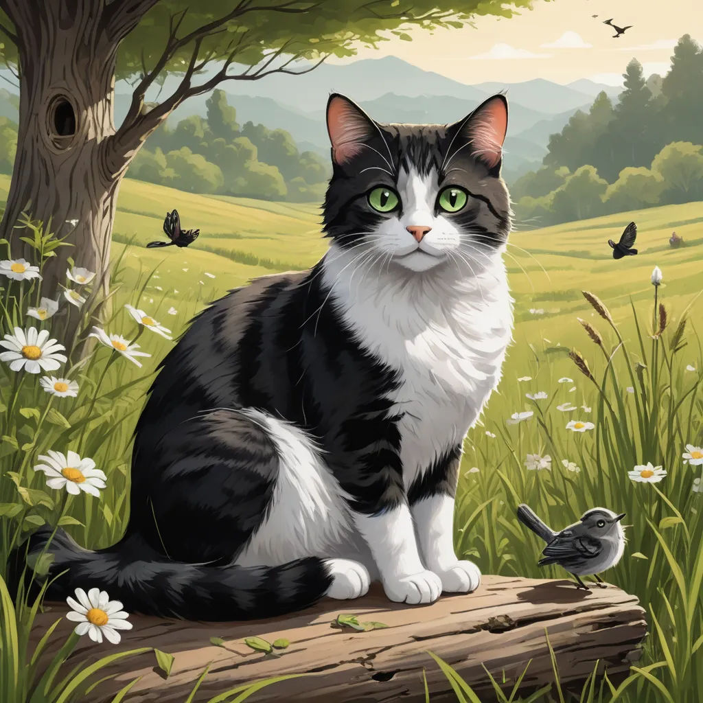 a cat sitting on a log in a field with a bird nearby and a tree with white flowers in the foreground, american scene painting, a storybook illustration, Chris LaBrooy, official art