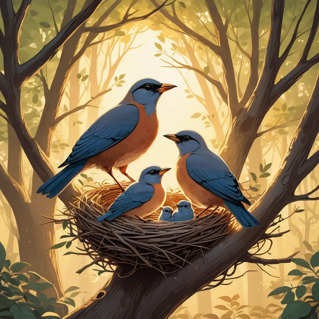 a painting of three birds sitting on a nest in a tree with a baby bird in the nest and another bird in the nest, american scene painting, a storybook illustration, Chris LaBrooy, birds