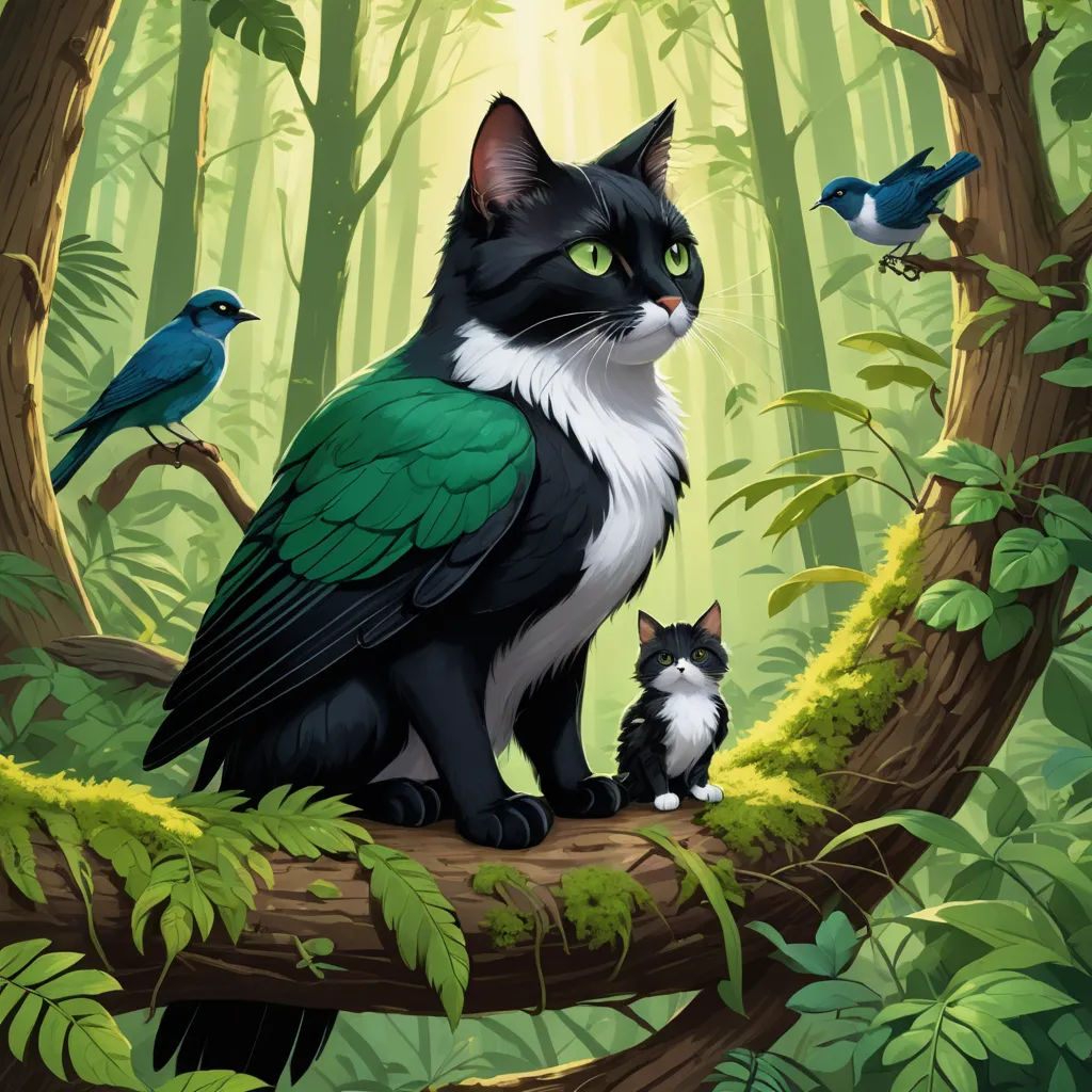 a cat and a bird are sitting on a branch in the forest with a bird on the branch and another bird on the branch, fantasy art, a storybook illustration, Chris LaBrooy, official art