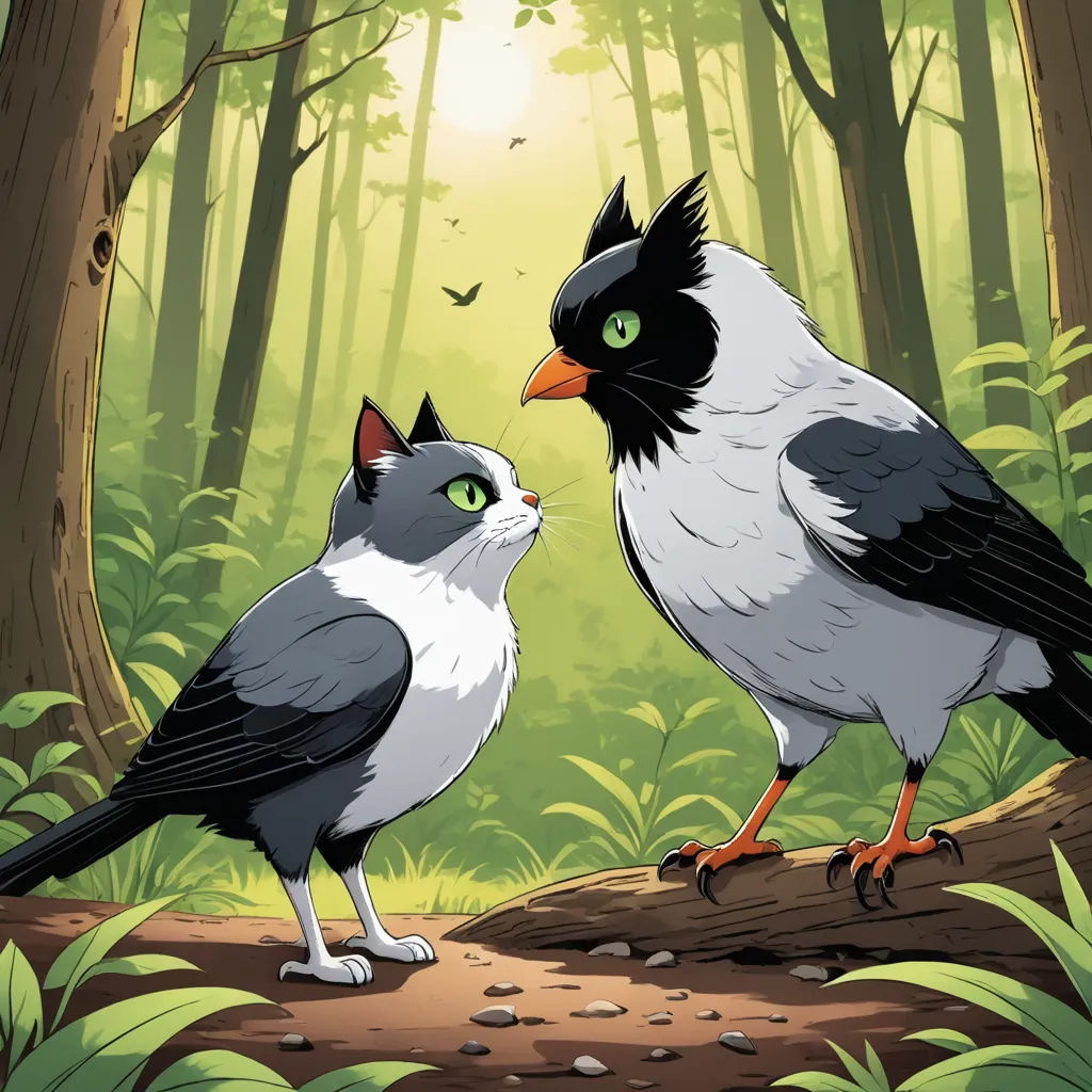a cat and a bird are standing in the woods together, facing each other, with a forest background, serial art, a storybook illustration, Charles Bird King, official art