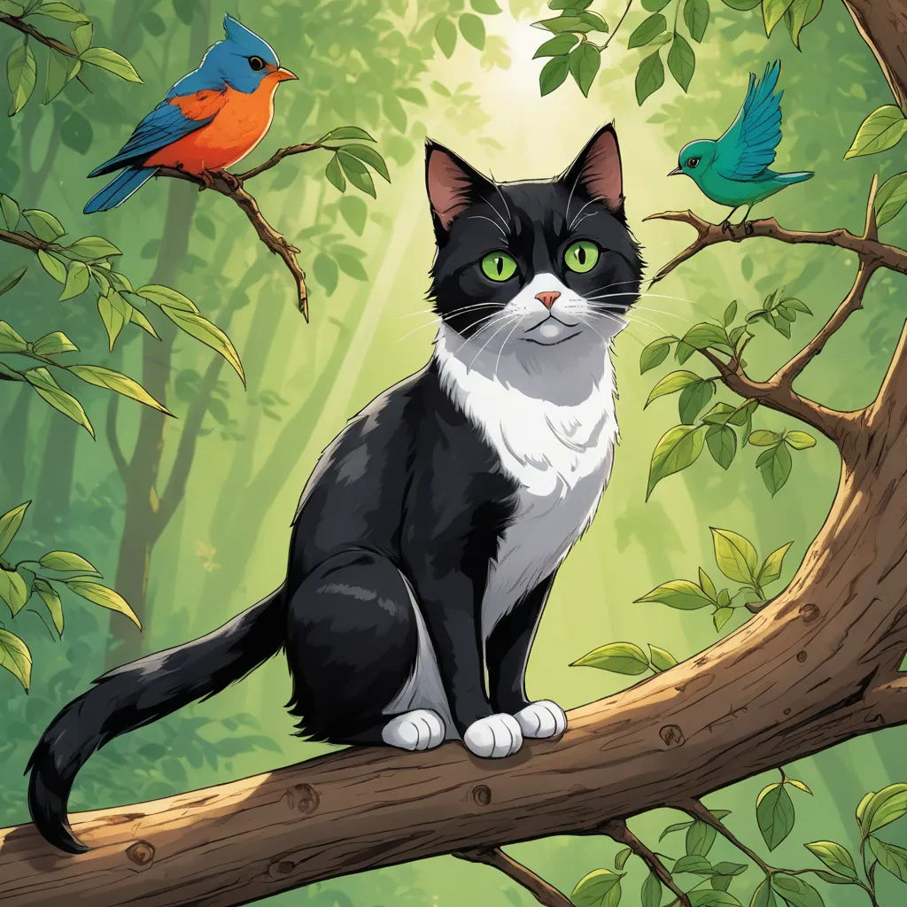a cat sitting on a branch with birds on it and a bird on the branch behind it, in a forest, sots art, a storybook illustration, Felix Octavius Carr Darley, official art