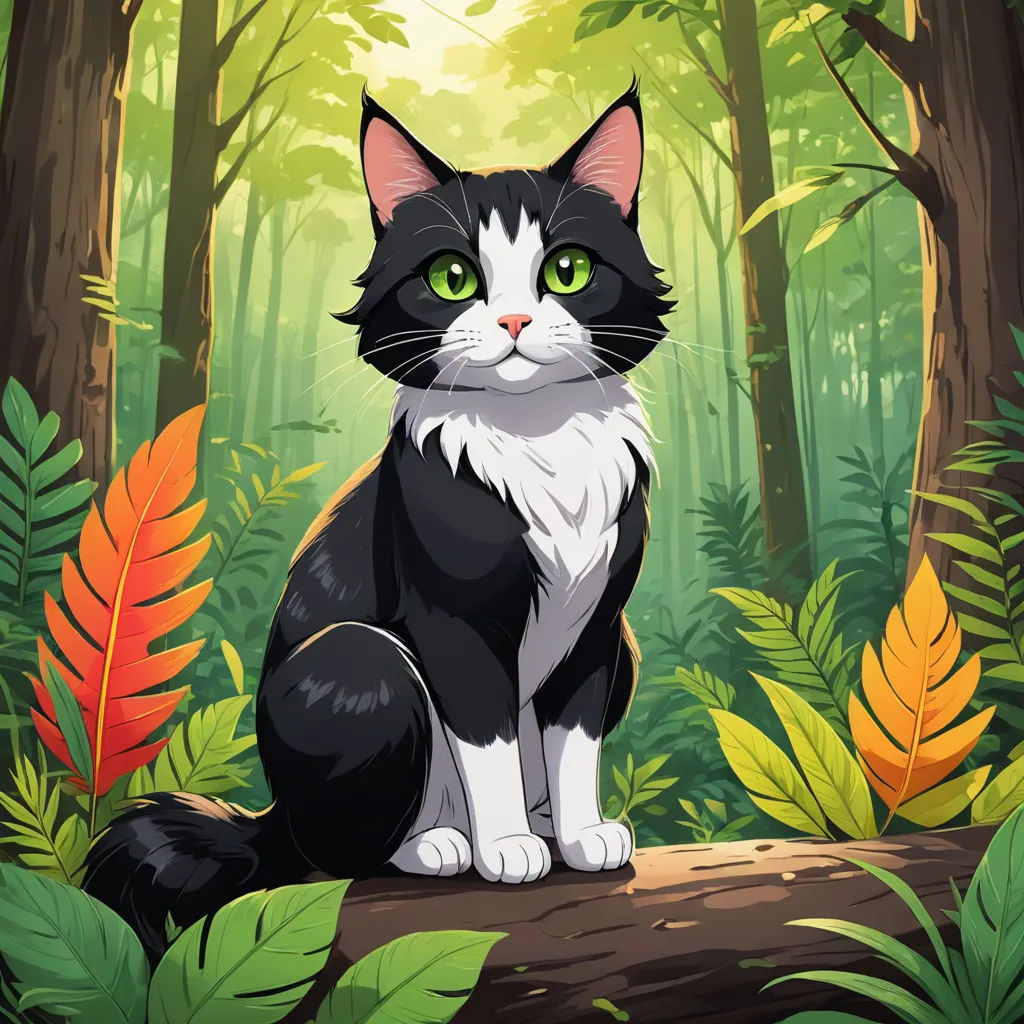 a black and white cat sitting on a log in the forest with green eyes and leaves around it, looking at the camera, sots art, a character portrait, Carlos Catasse, game art