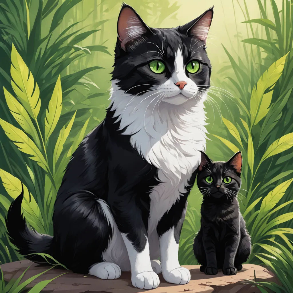 a cat and a kitten sitting on a log in the grass with green eyes and a green background with leaves, sots art, a storybook illustration, Brothers Hildebrandt, official art