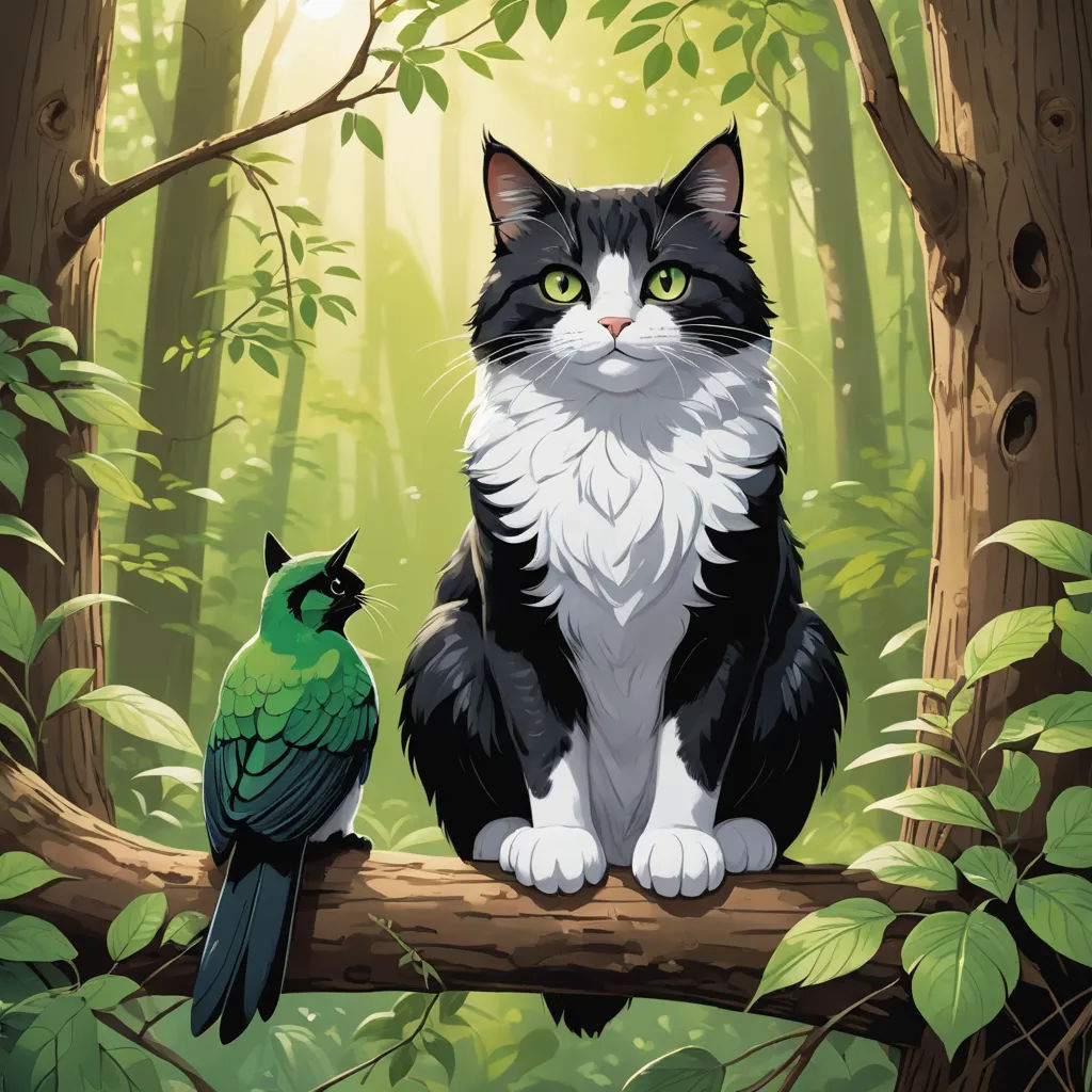 a cat sitting on a tree branch next to a bird on a branch in a forest with green leaves, fantasy art, a storybook illustration, Chris LaBrooy, official art