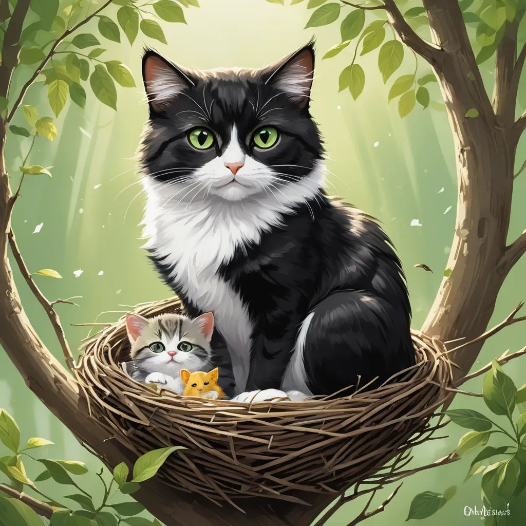 a cat and a kitten sitting in a nest on a tree branch with leaves and sunlight shining through the branches, fantasy art, a storybook illustration, Anne Said, highly detailed digital painting