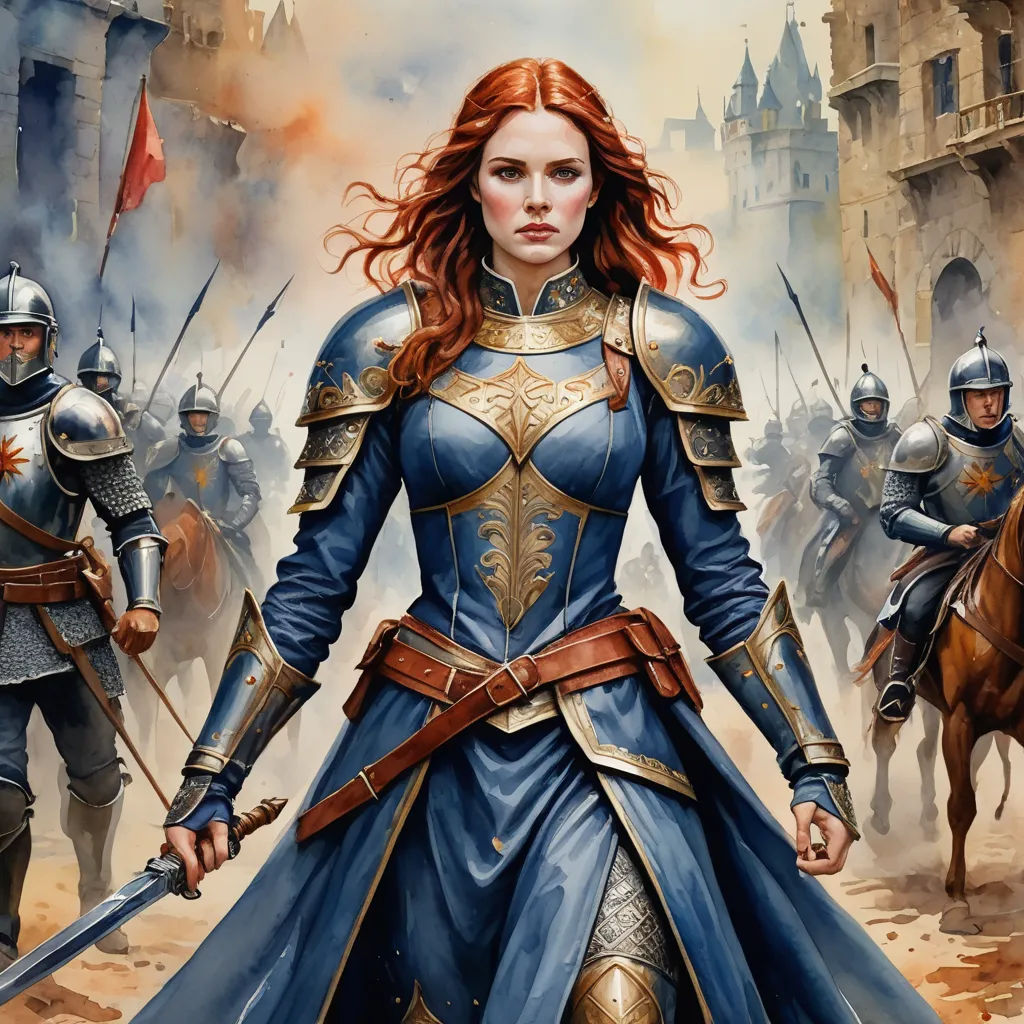 a painting of a woman in a blue dress with a sword and two men in armor behind her on a horse, fantasy art, a detailed painting, Clint Cearley, epic fantasy character art