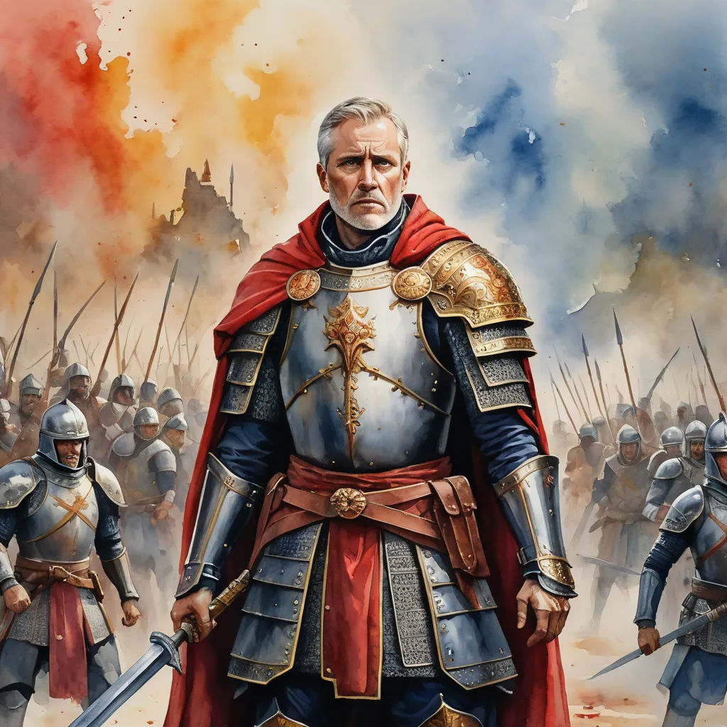 a painting of a man in a suit of armor with two swords in his hand and a group of men in full armor behind him, fantasy art, a detailed painting, Christophe Vacher, epic fantasy character art