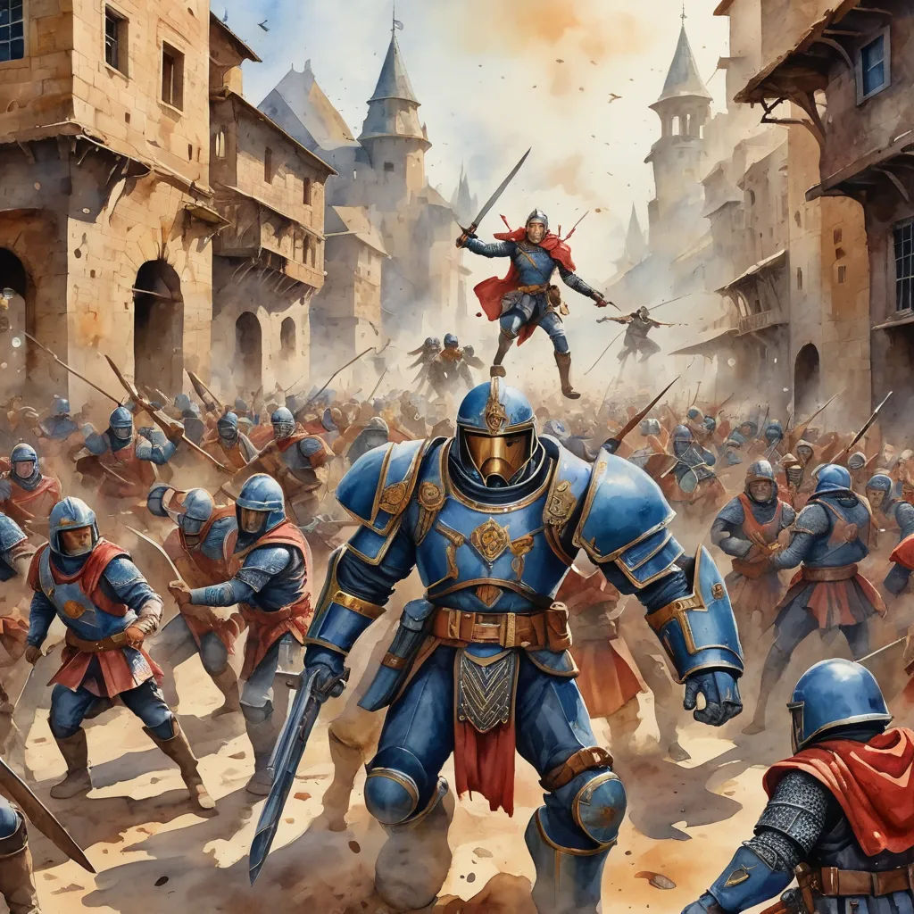 a painting of a group of knights in a battle with a castle in the background and a man on top of the castle, antipodeans, a detailed painting, Alex Horley, warhammer