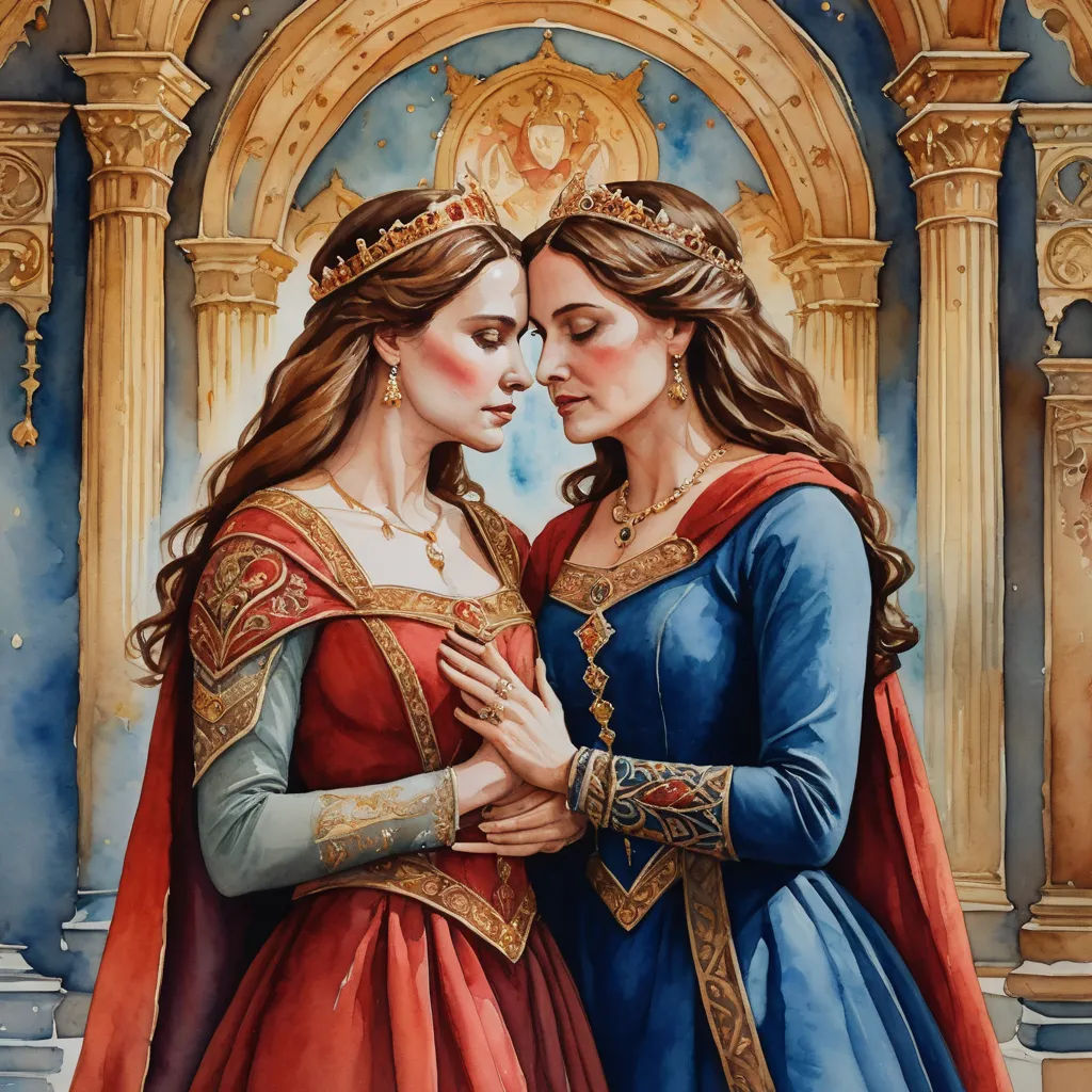 a painting of two women in medieval dress, one of them is touching her hand and the other is holding her head, fantasy art, a detailed painting, Donato Giancola, detailed painting
