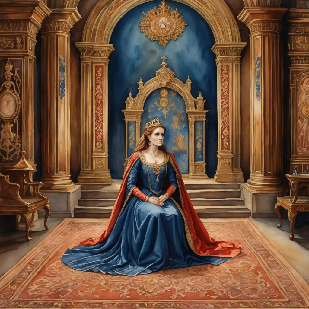 a painting of a woman in a blue dress sitting on a red carpet in a room with gold and blue walls, fantasy art, a storybook illustration, Donato Giancola, renaissance oil painting
