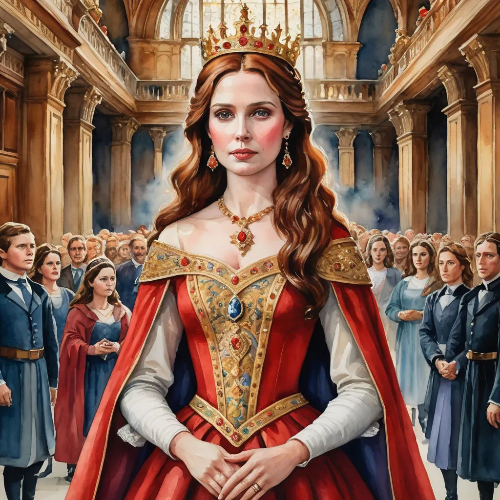 a painting of a woman in a red dress and crown with other people in the background looking on from a hall, sots art, a detailed painting, Anne Stokes, official art