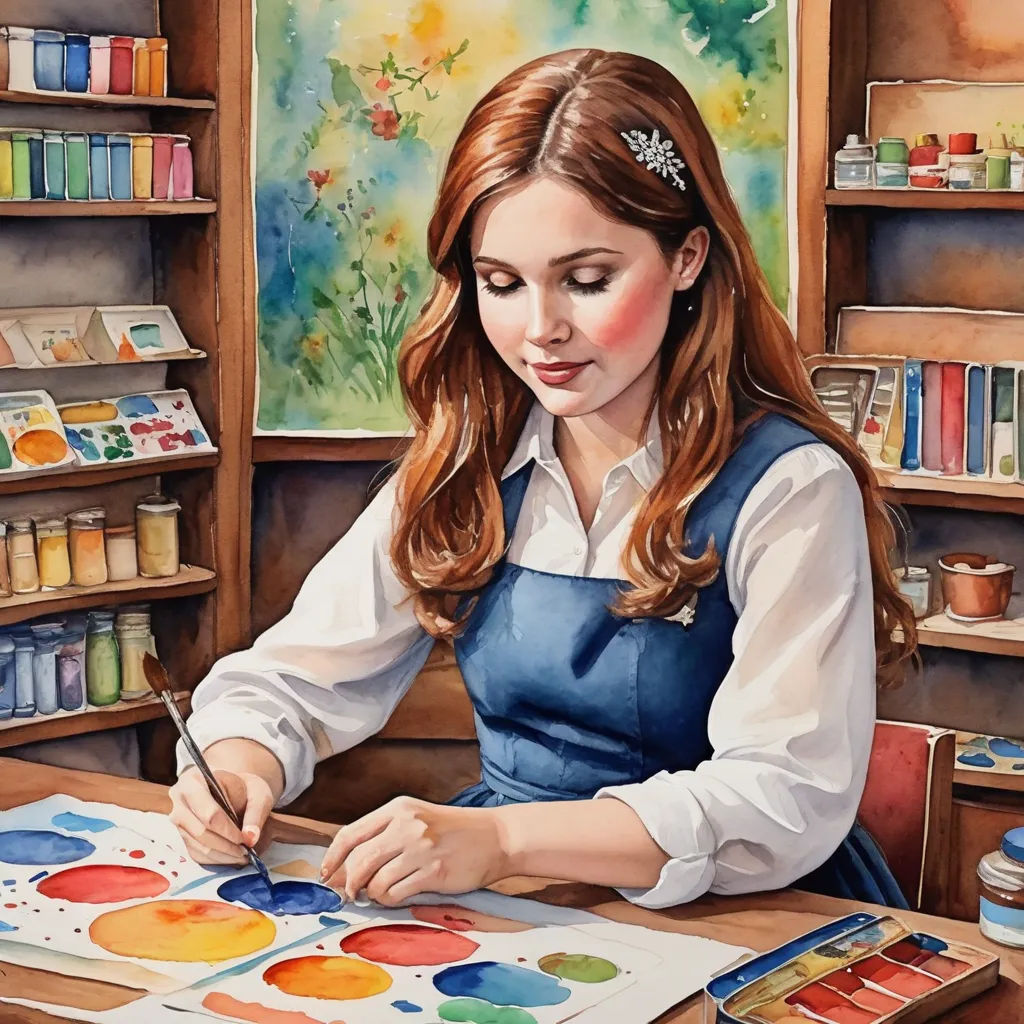 a painting of a woman in a blue dress painting on a canvas with watercolors on a table, naive art, a watercolor painting, artist, bright studio setting