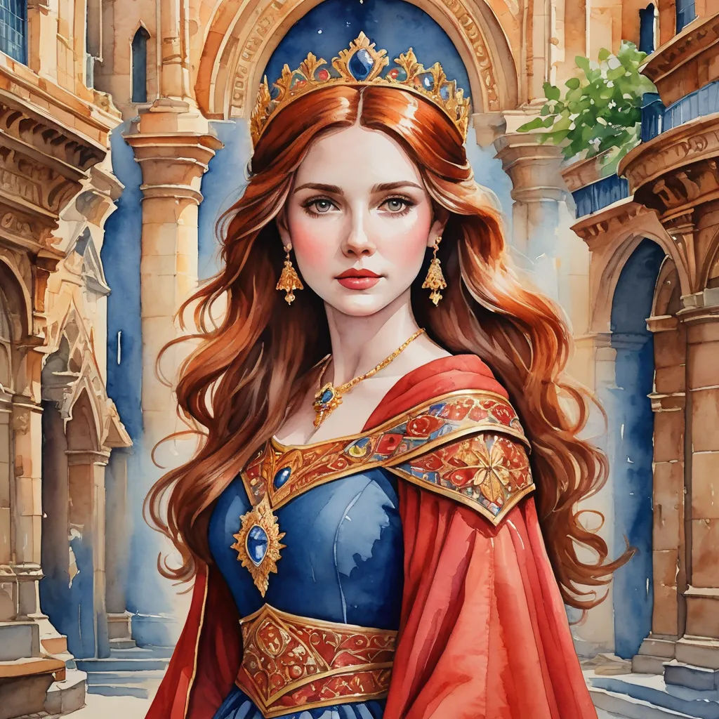 a painting of a woman in a blue dress and red cape with a gold crown on her head and a blue background, fantasy art, a detailed painting, Anne Stokes, detailed painting